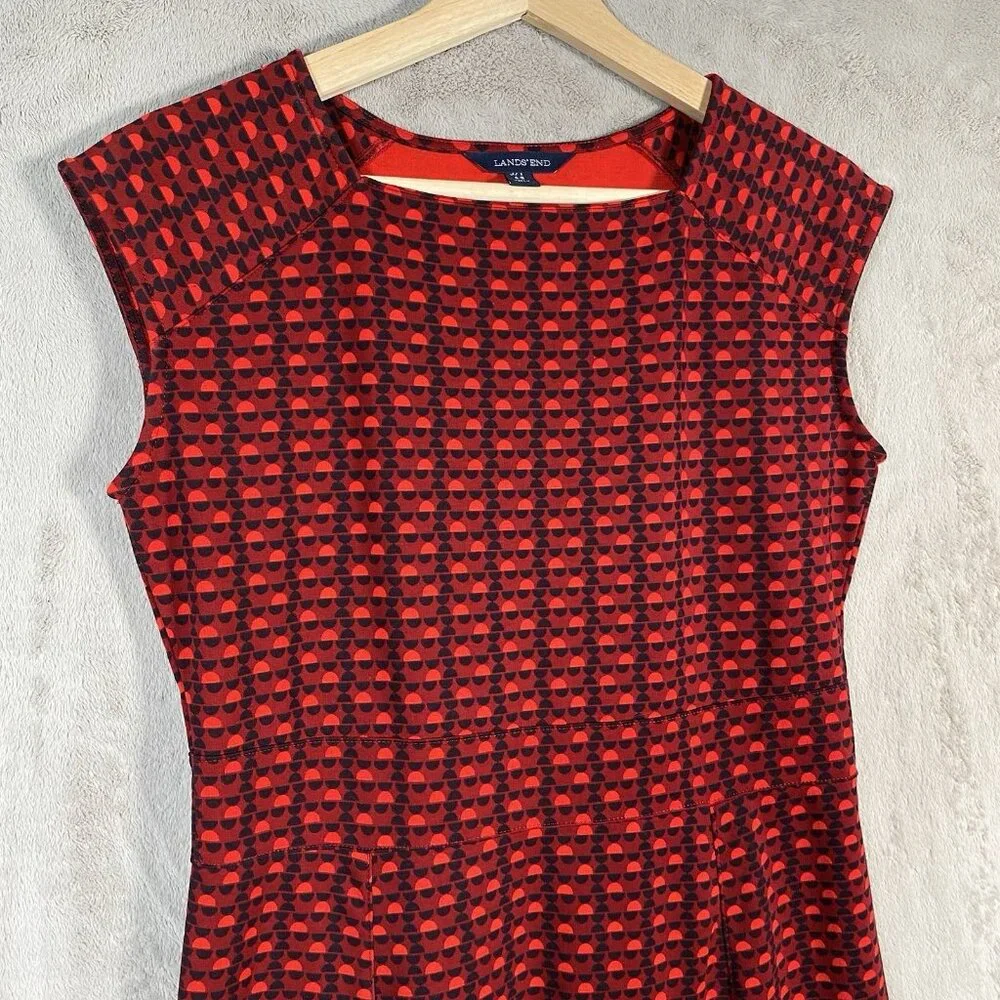 Lands End Ponte Knit Dress Red Geometric Cap Sleeve Fit & Flare Modest Church - Picture 5 of 12